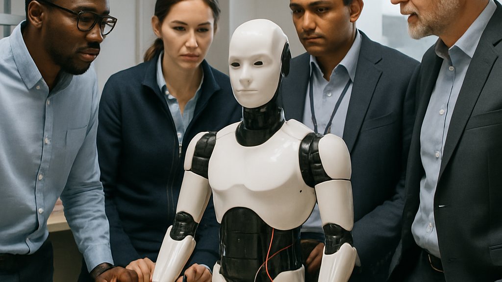 Embodied AI team reviewing humanoid robot prototypes and wearable data