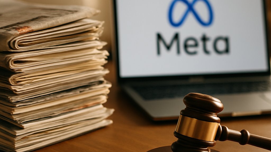 Meta Copyright legal dispute with newspapers and gavel in a professional office.