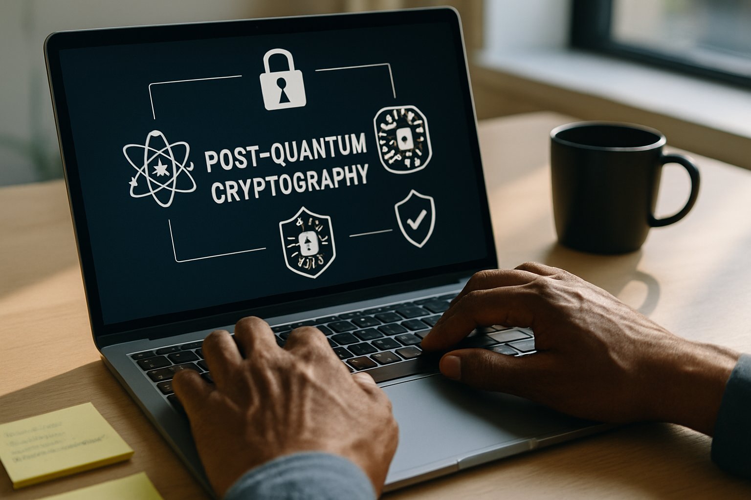 Hands managing Quantum-Resistant Security protocols on office laptop.
