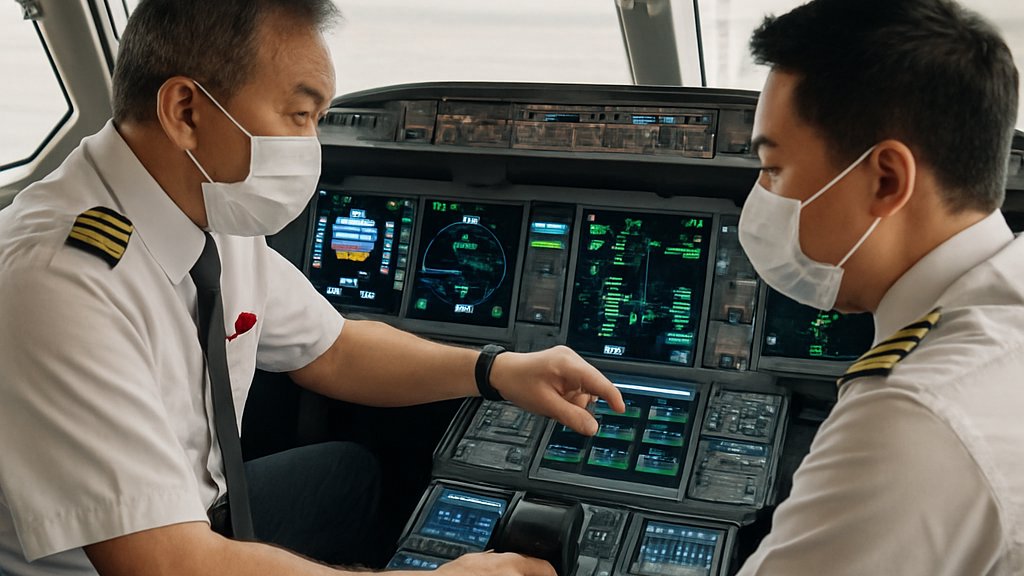 Pilots using aviation technology in AirAsia aircraft cockpit