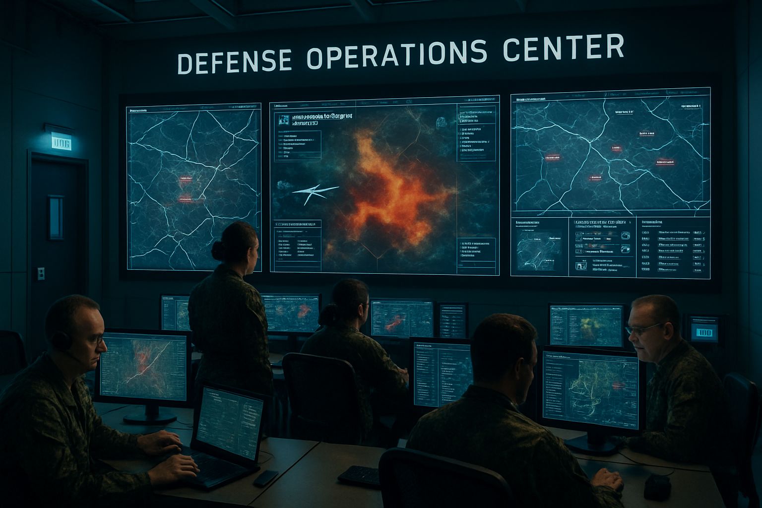 Military AI monitors analyzing AI-powered battlefield simulations at secure defense operations center.