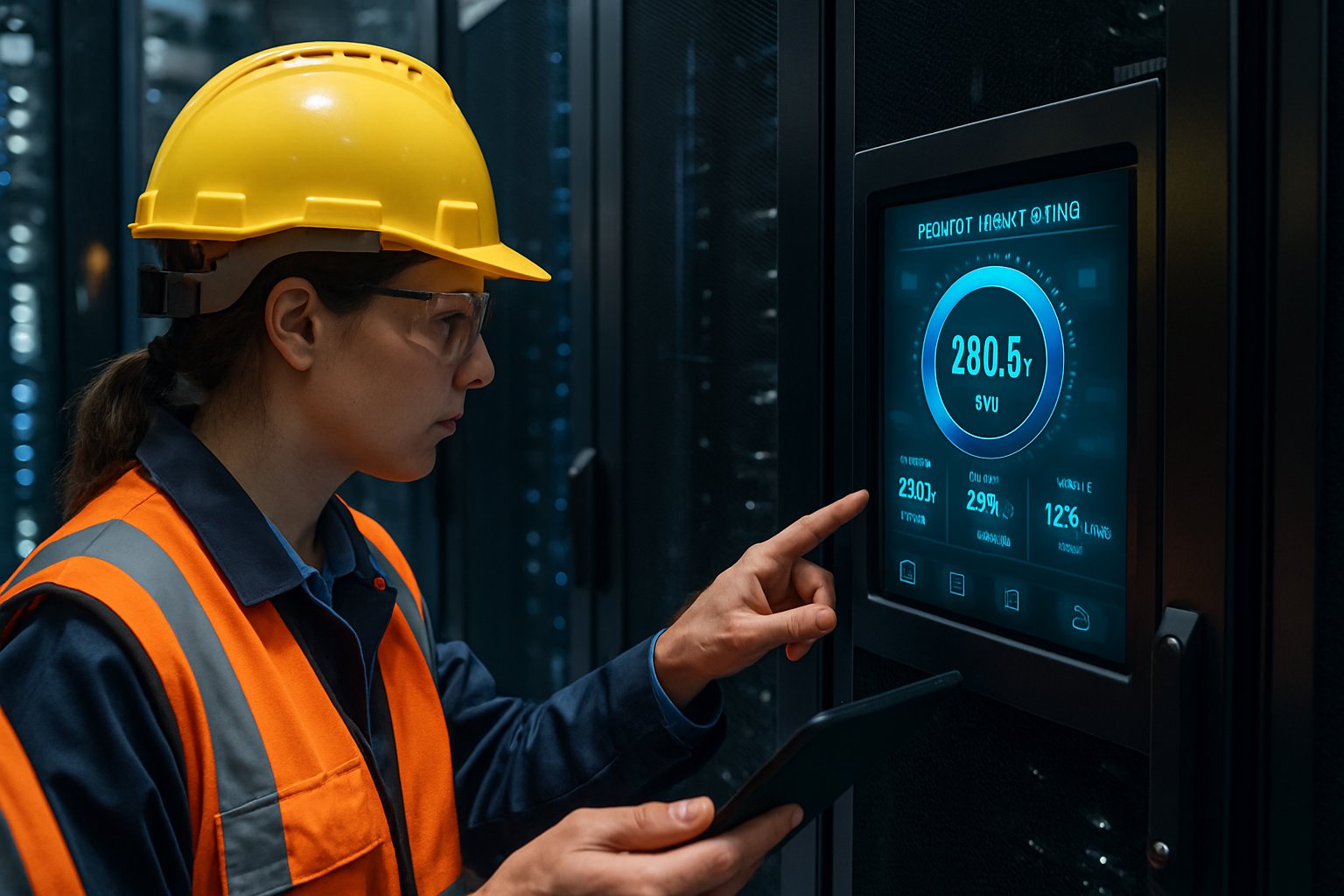 Engineers monitor Data Center Energy usage inside a server room