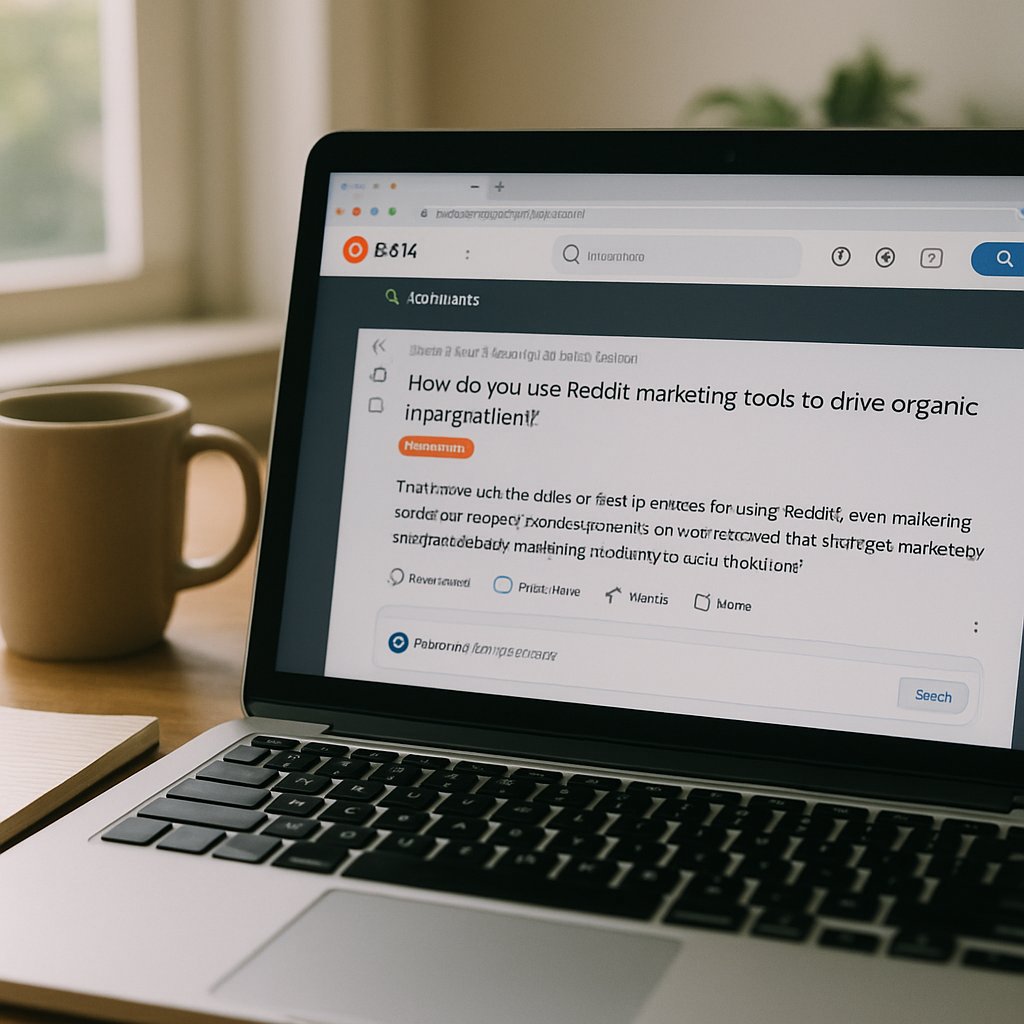 Laptop displaying business subreddit used for Reddit Marketing in a real workspace.