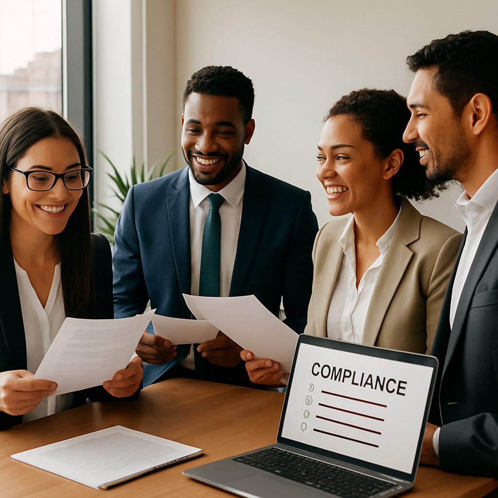 Brazil AI compliance discussion among professionals in a modern office.