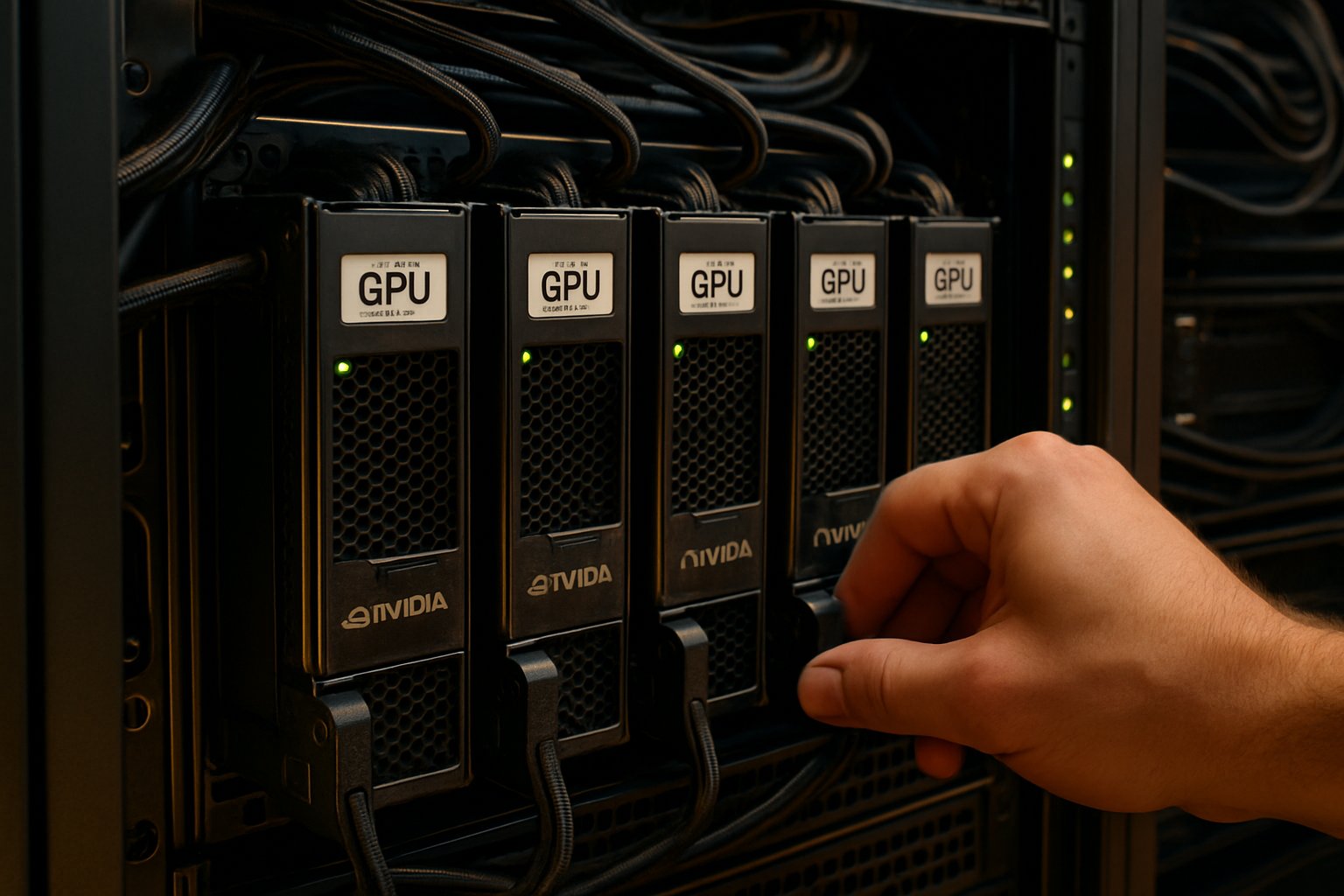 Server rack with active GPUs emphasizing AI Infrastructure Economics hardware investment.