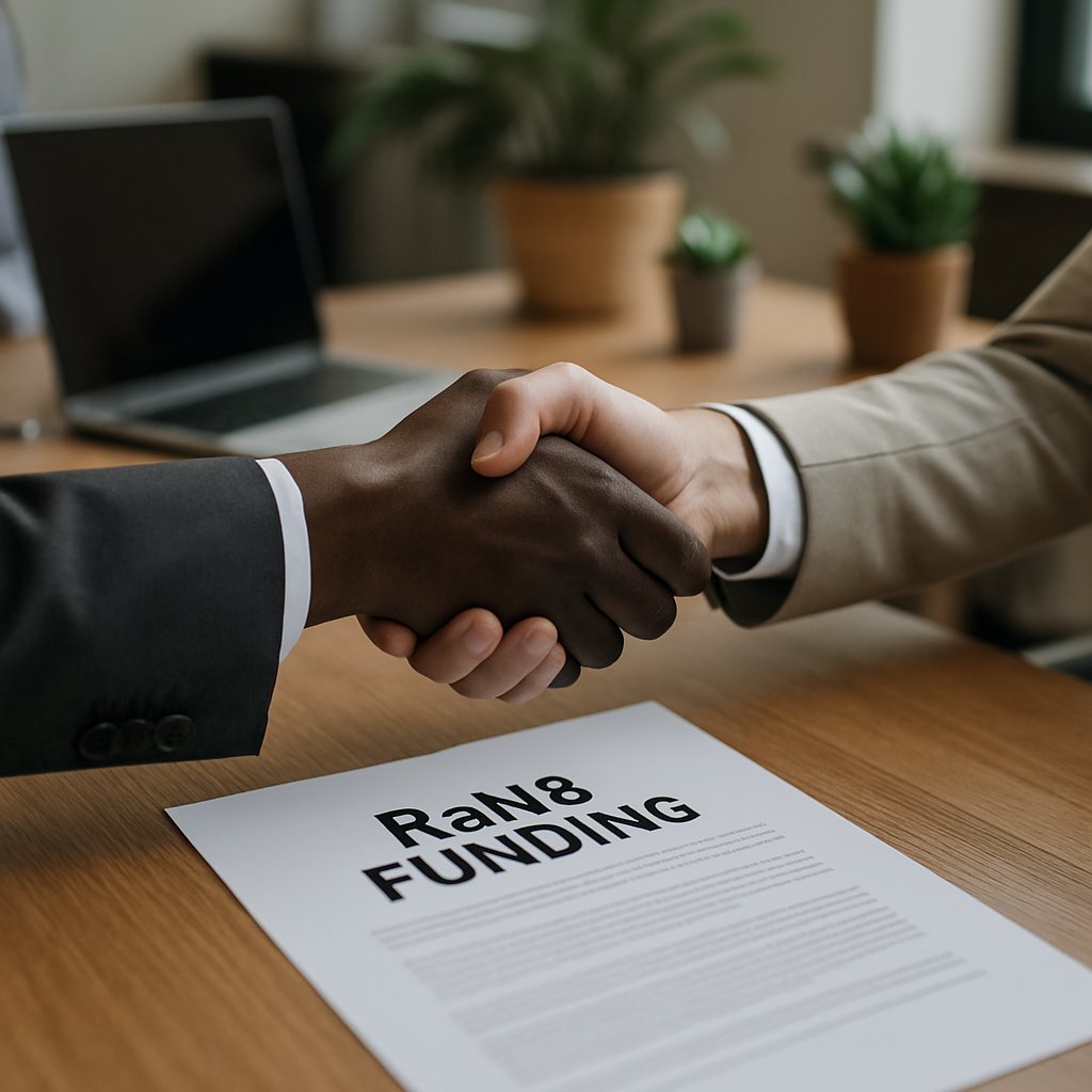 ReN3 Funding agreement handshake in office workspace.