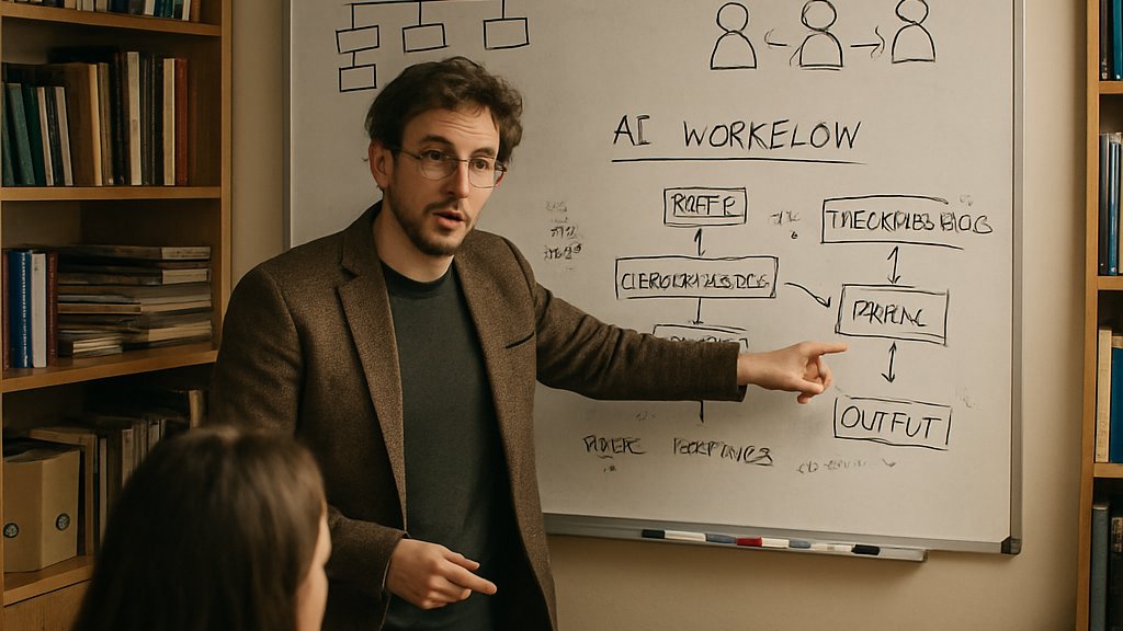 Stanford HAI AI Organizational Science researcher mapping organizational workflows on a whiteboard
