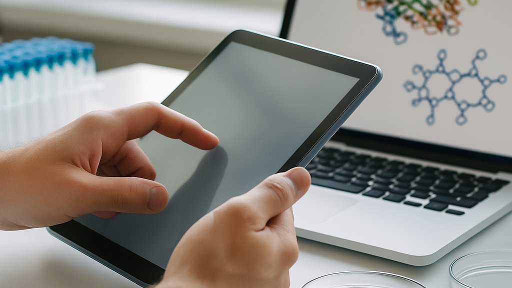 AI Healthcare researcher using tablet for drug discovery analysis