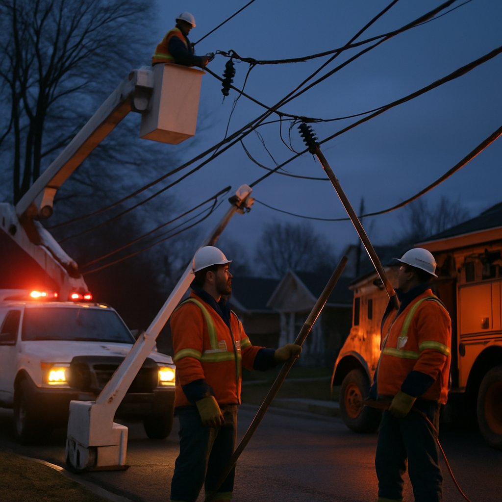 Utility workers repairing lines during Grid Stagnation-caused power outage.