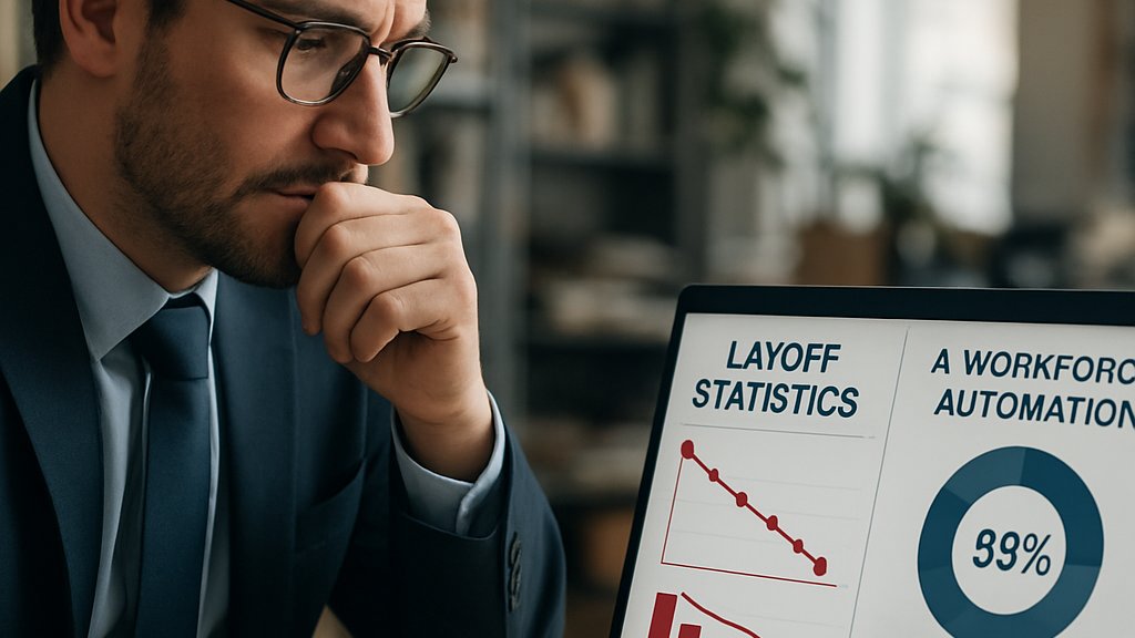 AI Layoffs data reviewed by a concerned office worker on laptop screen.