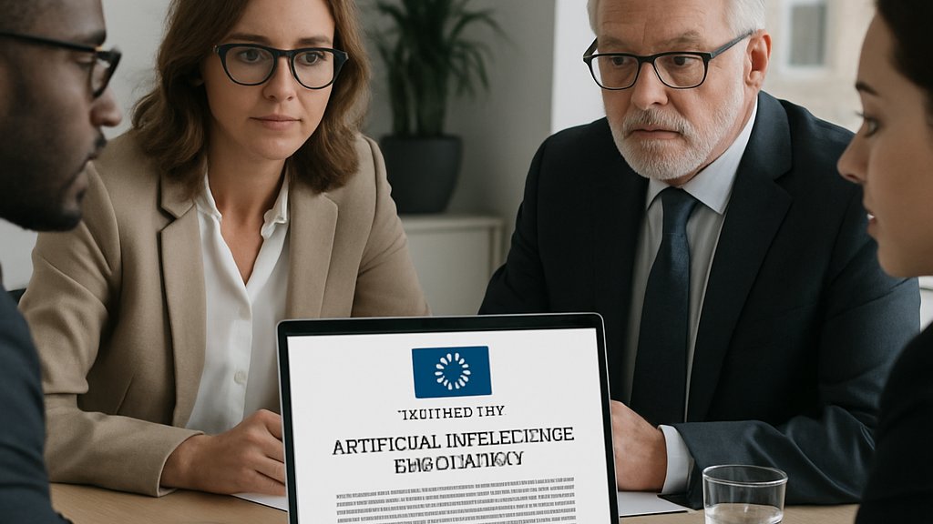 Business professionals review new AI Regulation compliance updates in an office.