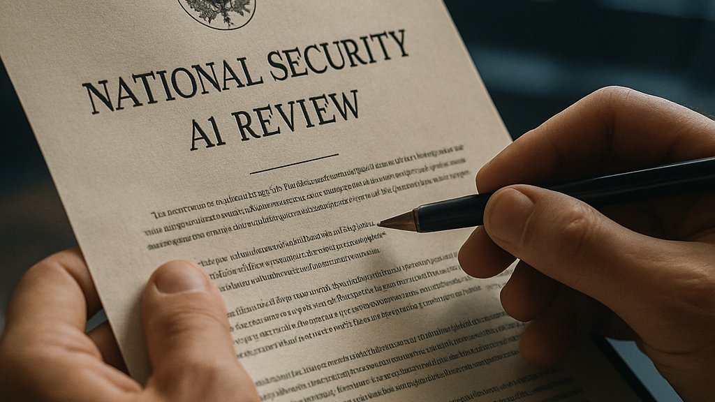 Close-up of secure document marked National Security AI Review for policy analysis.