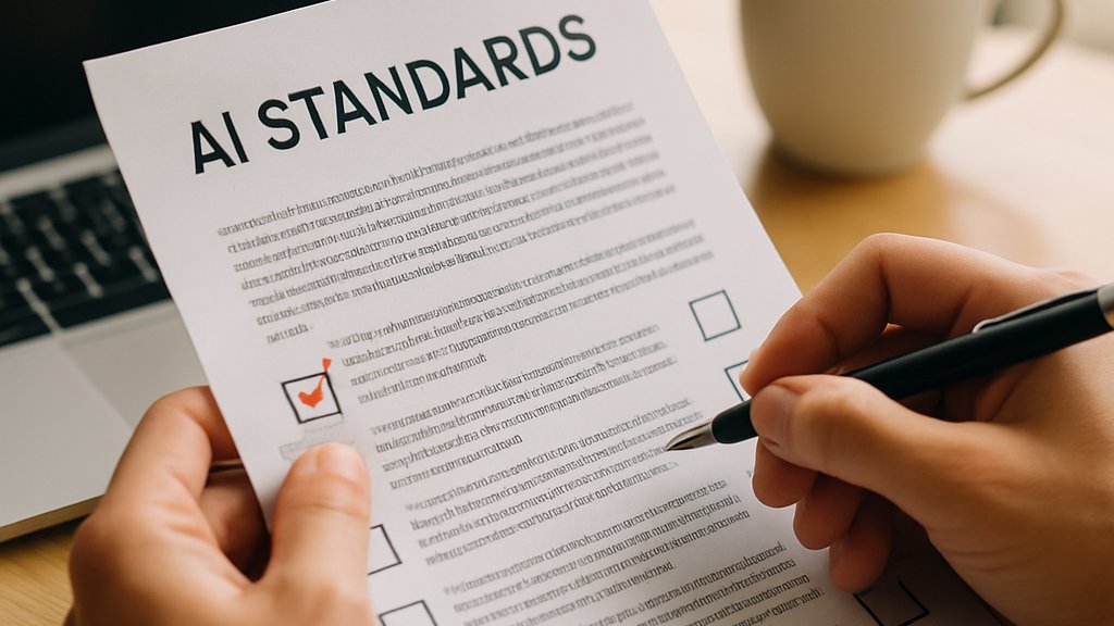 Businessperson reviewing AI Standards document in an office setting.