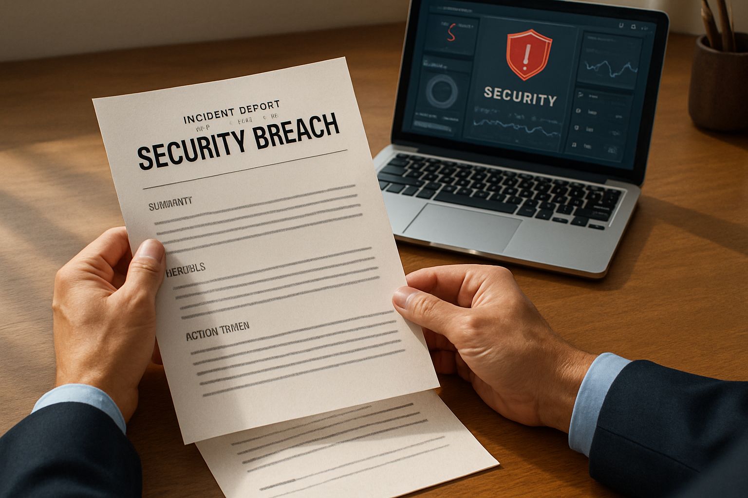 Executive Cybersecurity breach report being reviewed by a business leader in office.