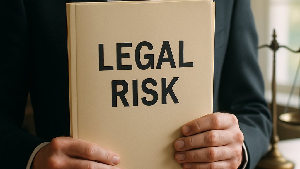 Lawyer reviews legal risk folder in professional office environment.
