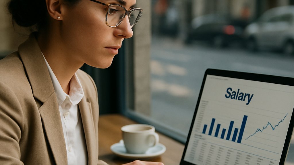 Future Work professional analyzing salary data in a café environment.