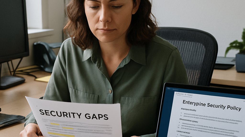 IT manager examining printed Security Gaps report in bright office.