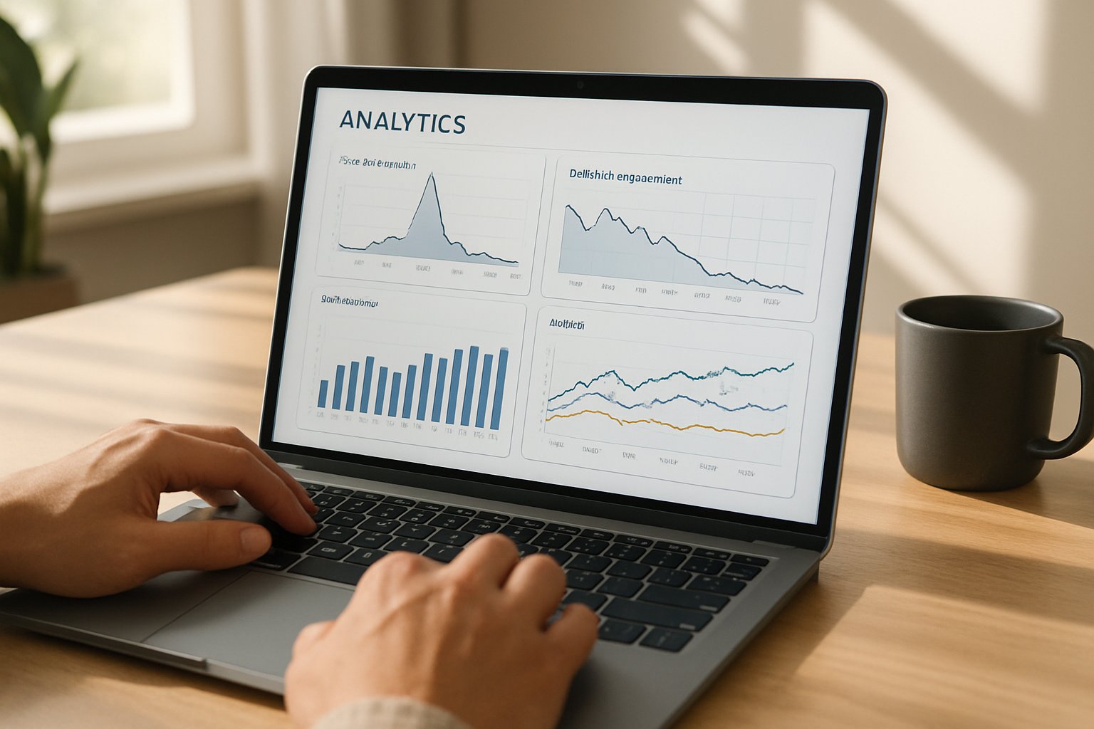 Digital Slop Trends review on laptop analytics dashboard with engagement graphs.