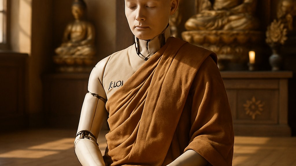 Humanoid Robot Monk Gabi meditating in a Buddhist temple hall.