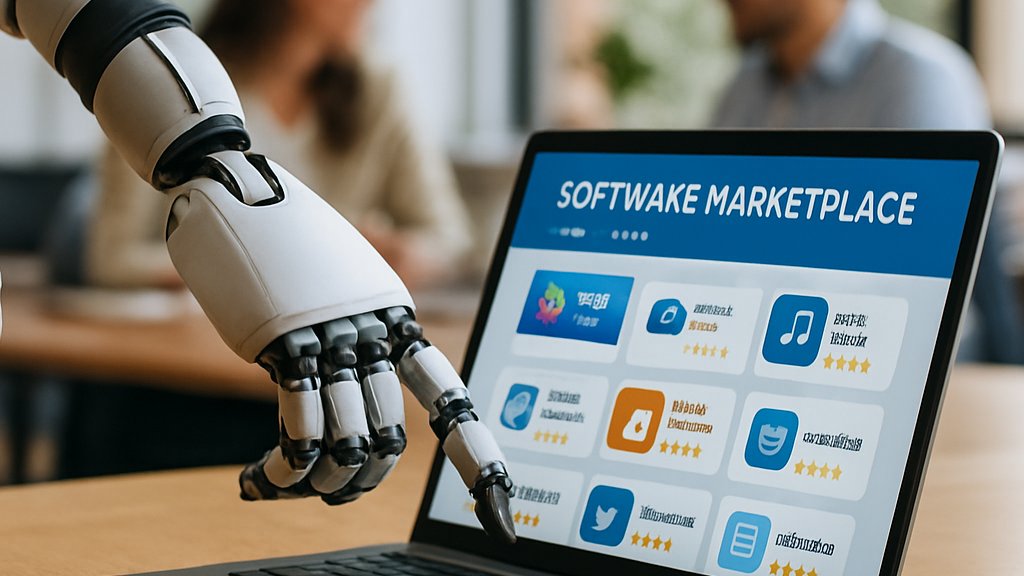 Robotic arm with software marketplace in a Robotics Ecosystem workspace.