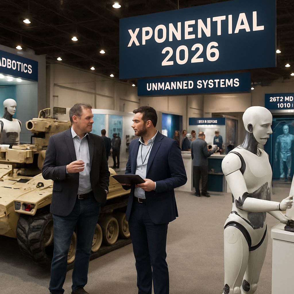 Engineers discussing robotics demos at XPONENTIAL 2026 exhibit hall
