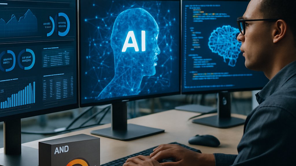 Professional working on desktop with AMD Ryzen AI-powered PC and multi-monitor setup.