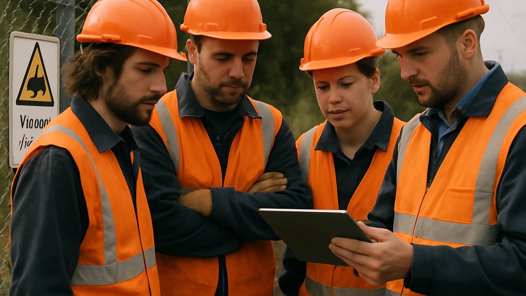 Maintenance team reviewing Rail Safety Infrastructure data near active tracks