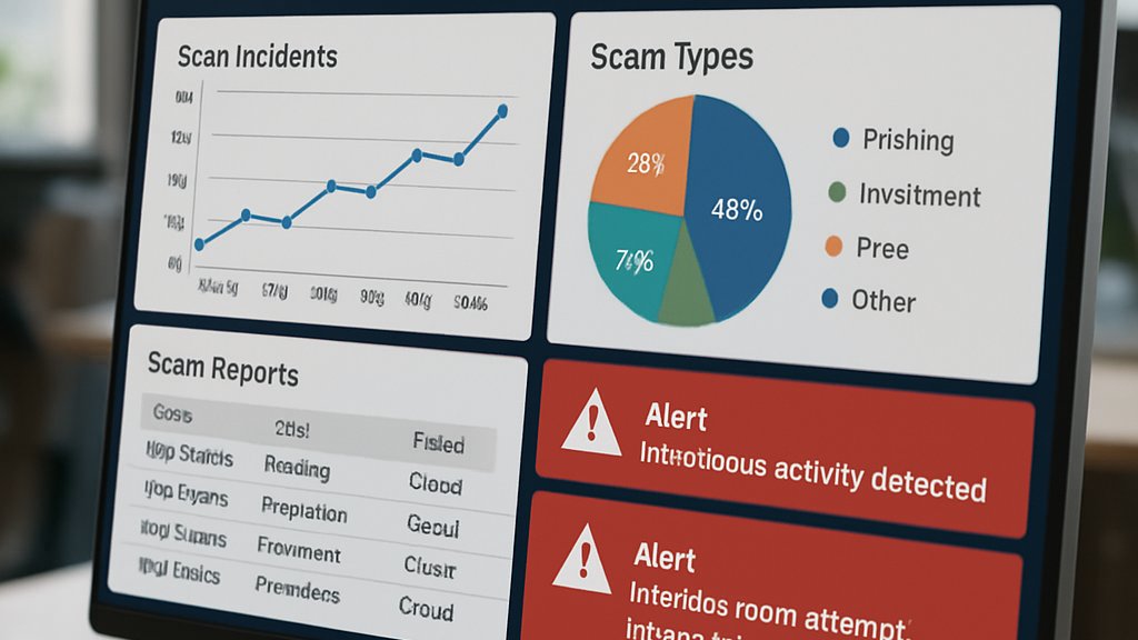 Scam intelligence dashboard displaying scam statistics and alerts.