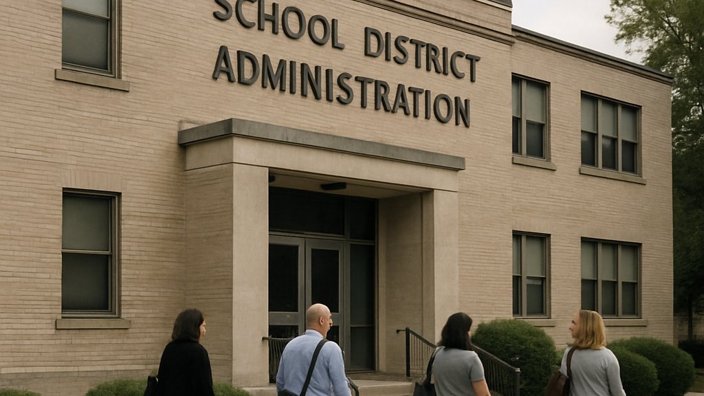 School administrators discuss EdTech Cyber Ransom security steps outside district office
