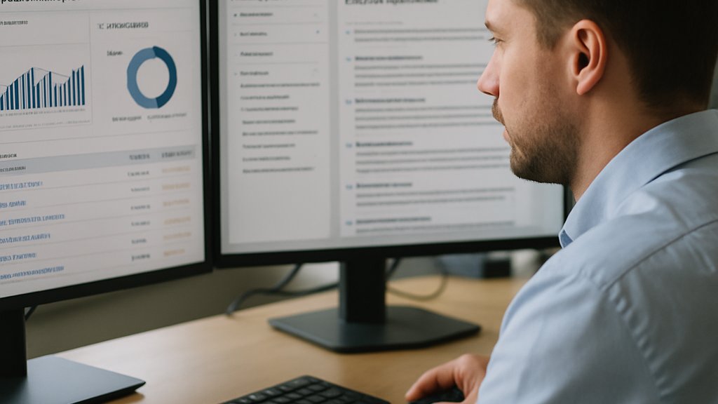 Business analyst using Agentic Search Infrastructure on dual monitors