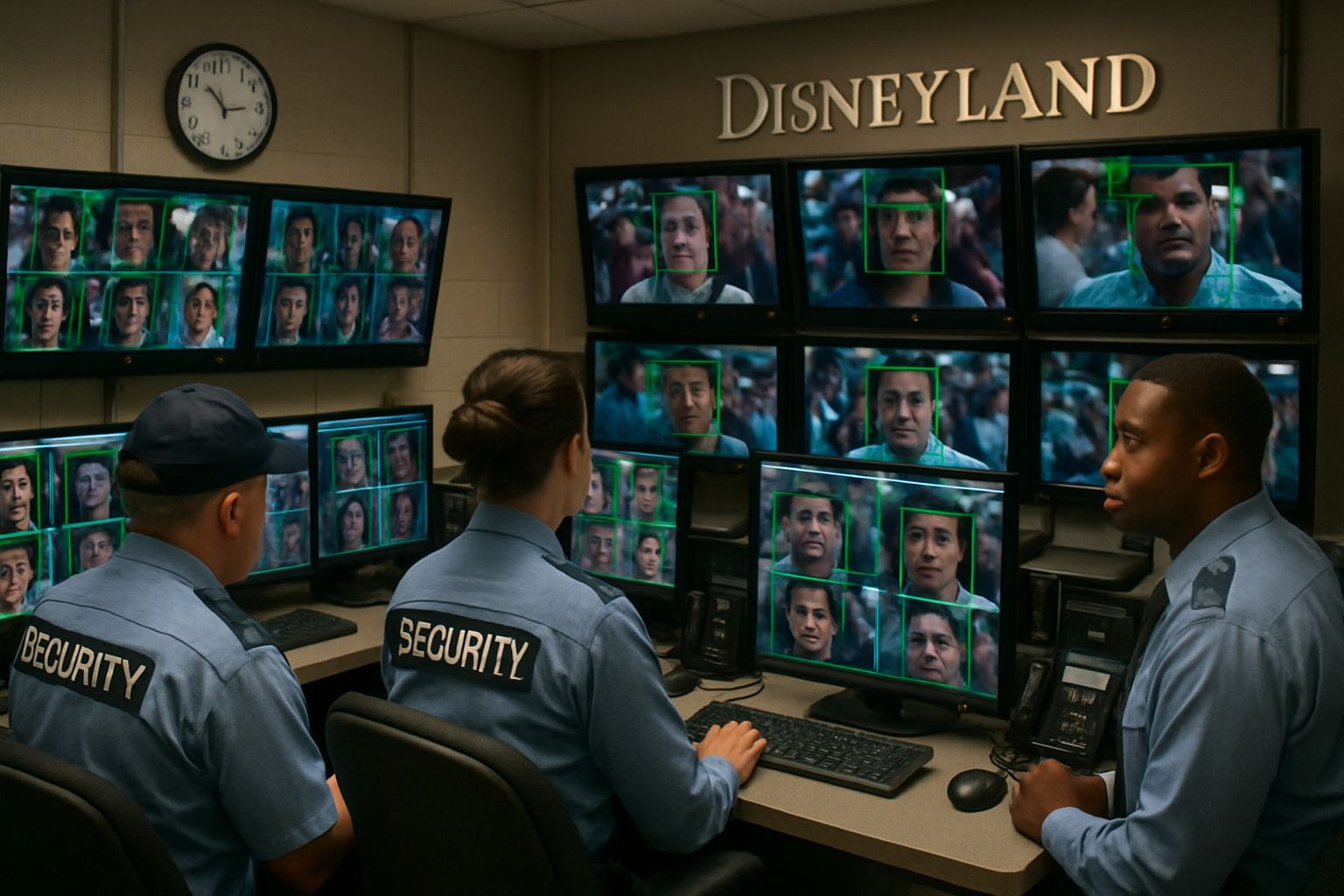 Biometric Security monitored by Disneyland staff in security control room.