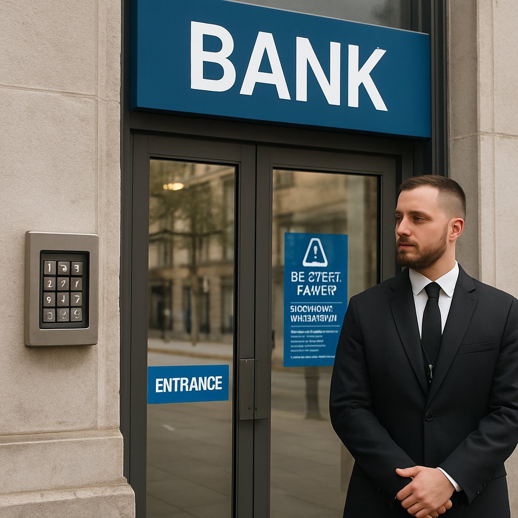 Secure UK bank entrance with visible cyber defense measures