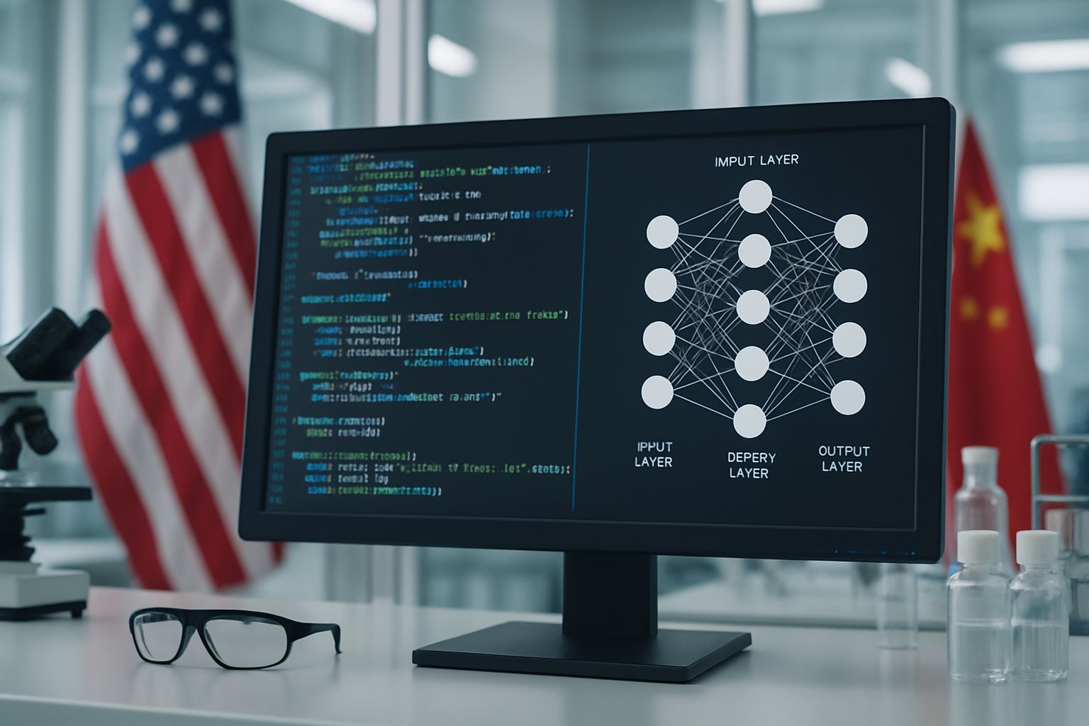 Model Distillation computer screen with neural network code in secure U.S. lab.