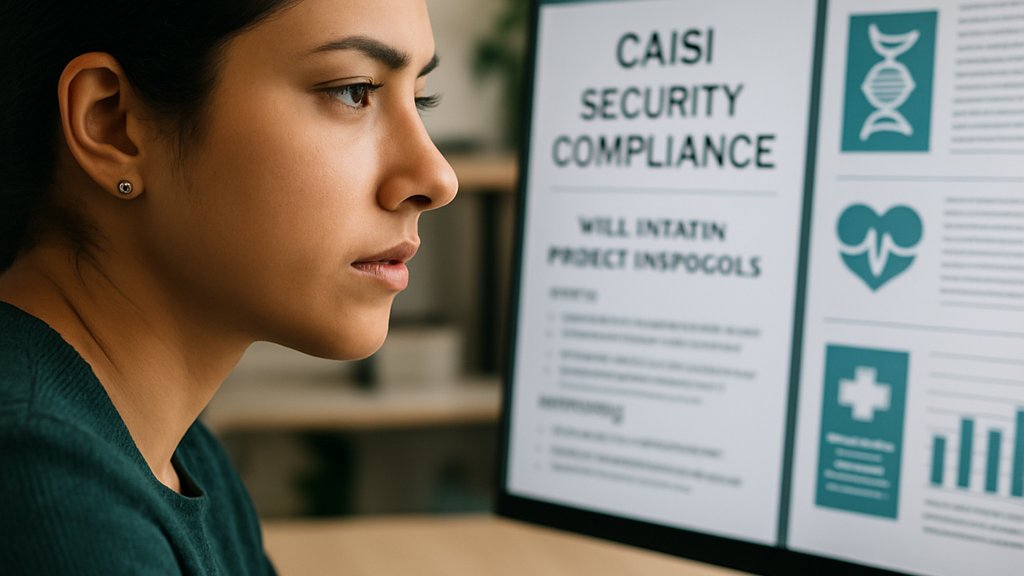 Security analyst reviewing CAISI Security compliance protocols on computer screens.
