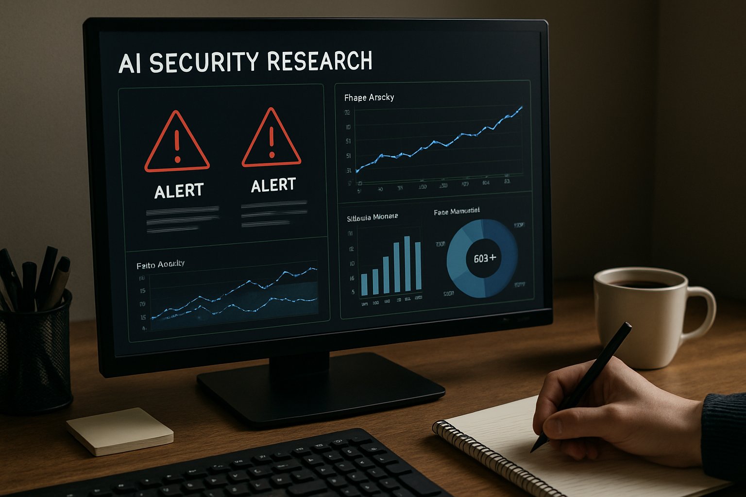 AI Security Research dashboard with LLM jailbreak risk analytics and alerts displayed in an office.