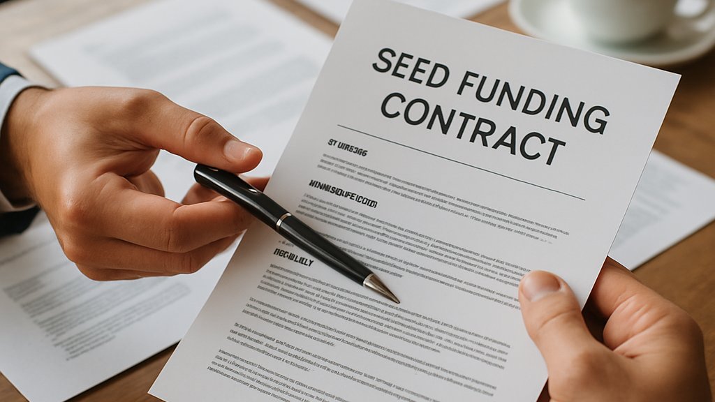 Hands exchanging Seed Funding contract in a real-world business setting