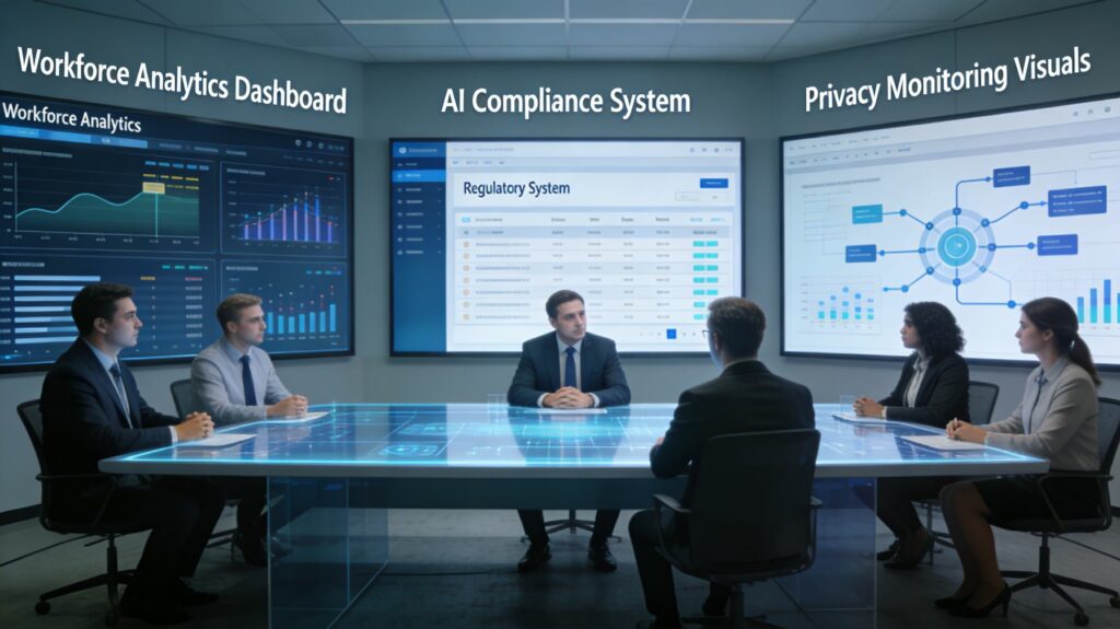 Business leaders discussing AI governance and workplace ethics