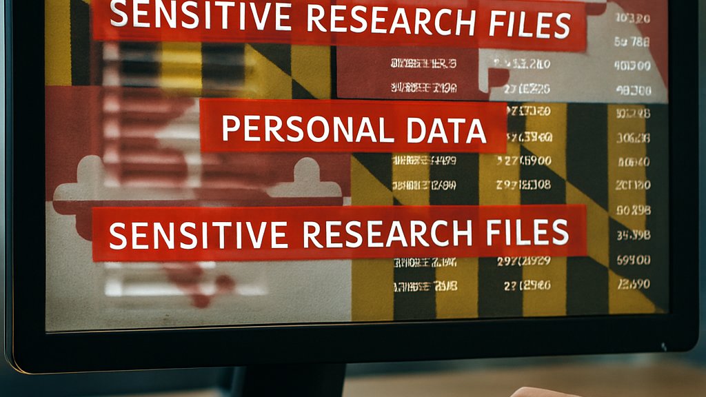 Exposed files and warning alerts about Maryland Data Breach on computer screen.