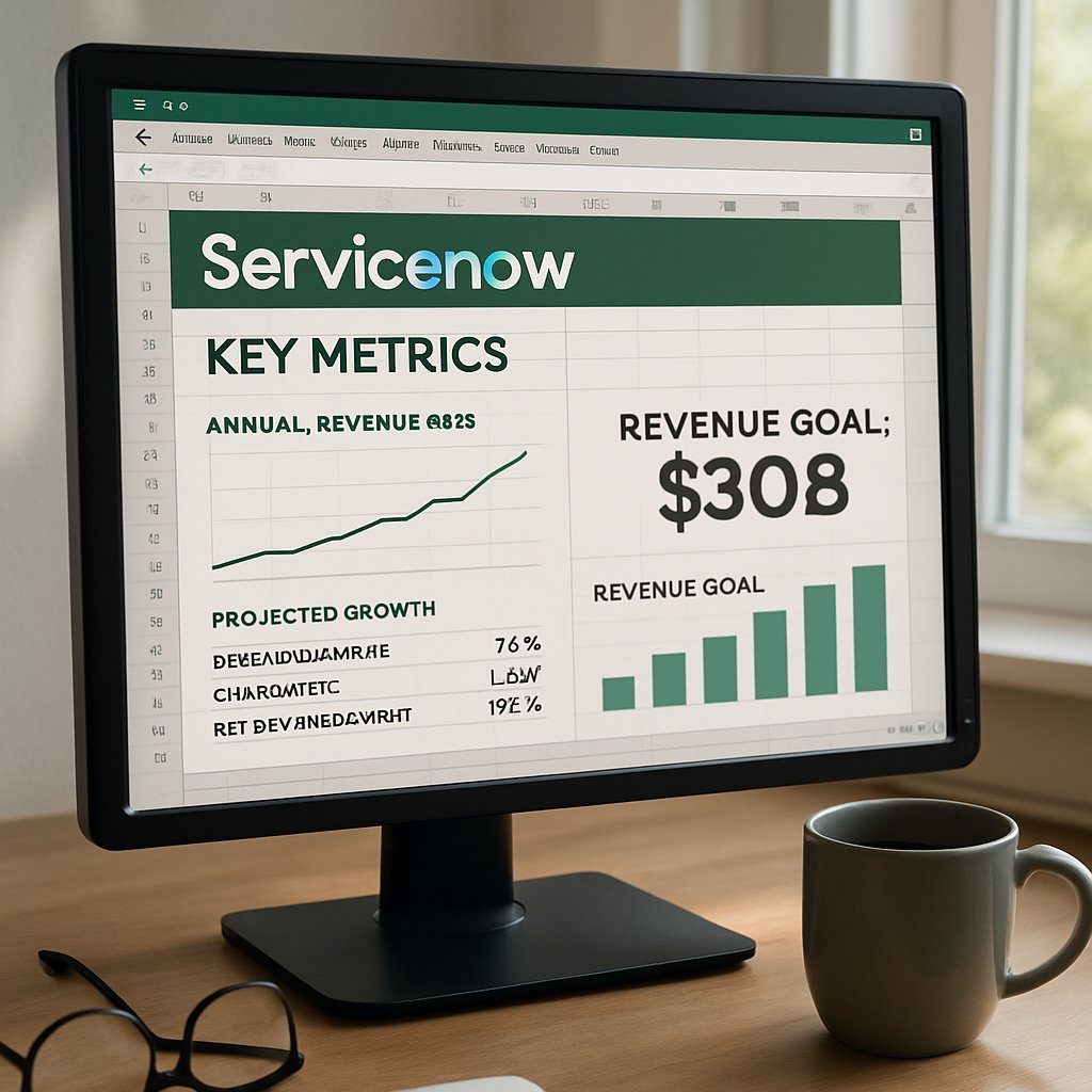 Spreadsheet displaying ServiceNow Projection with $30B revenue targets for 2030.