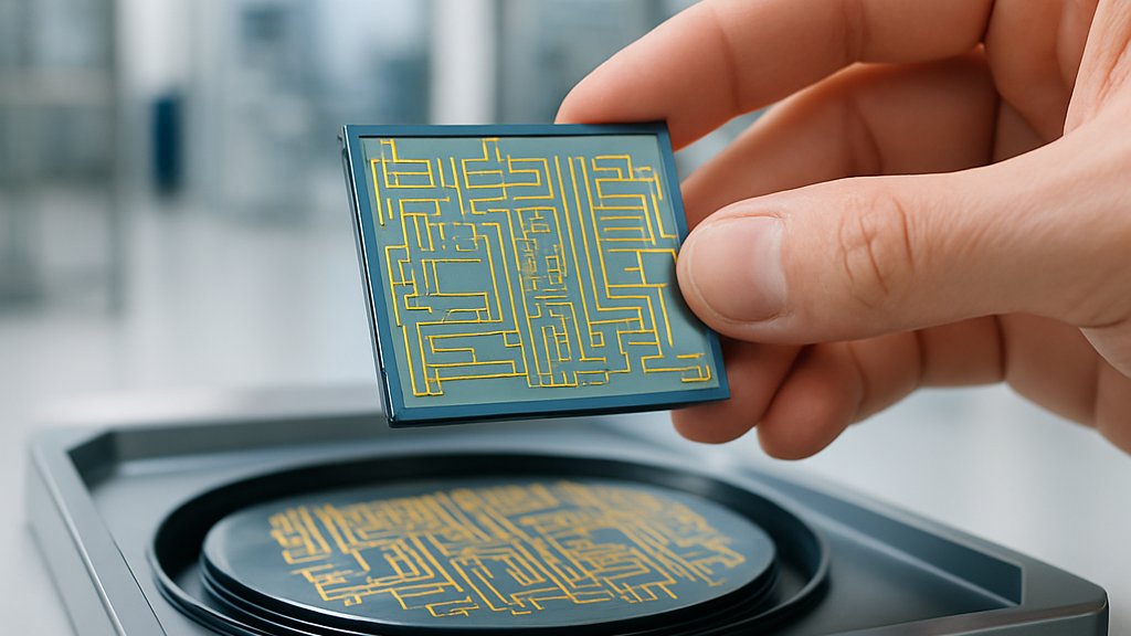 GlobalFoundries Leap SiGe photonics chip held in a realistic, modern fabrication facility.