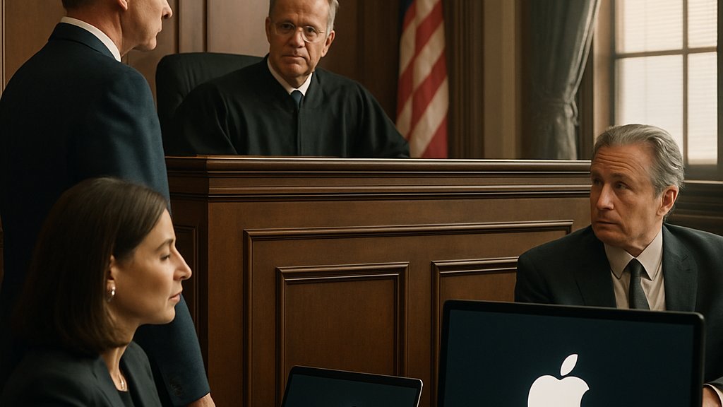 Courtroom scene depicting Siri Fraud Case settlement proceedings.