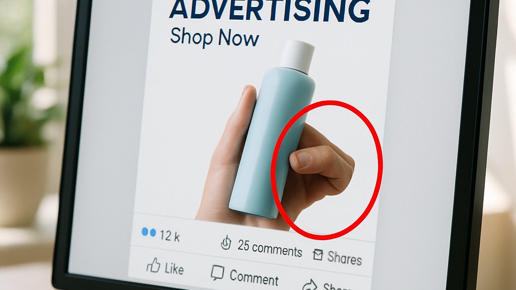 Close-up screen highlights NL Ad Failure with circled six-finger AI error in social ad.