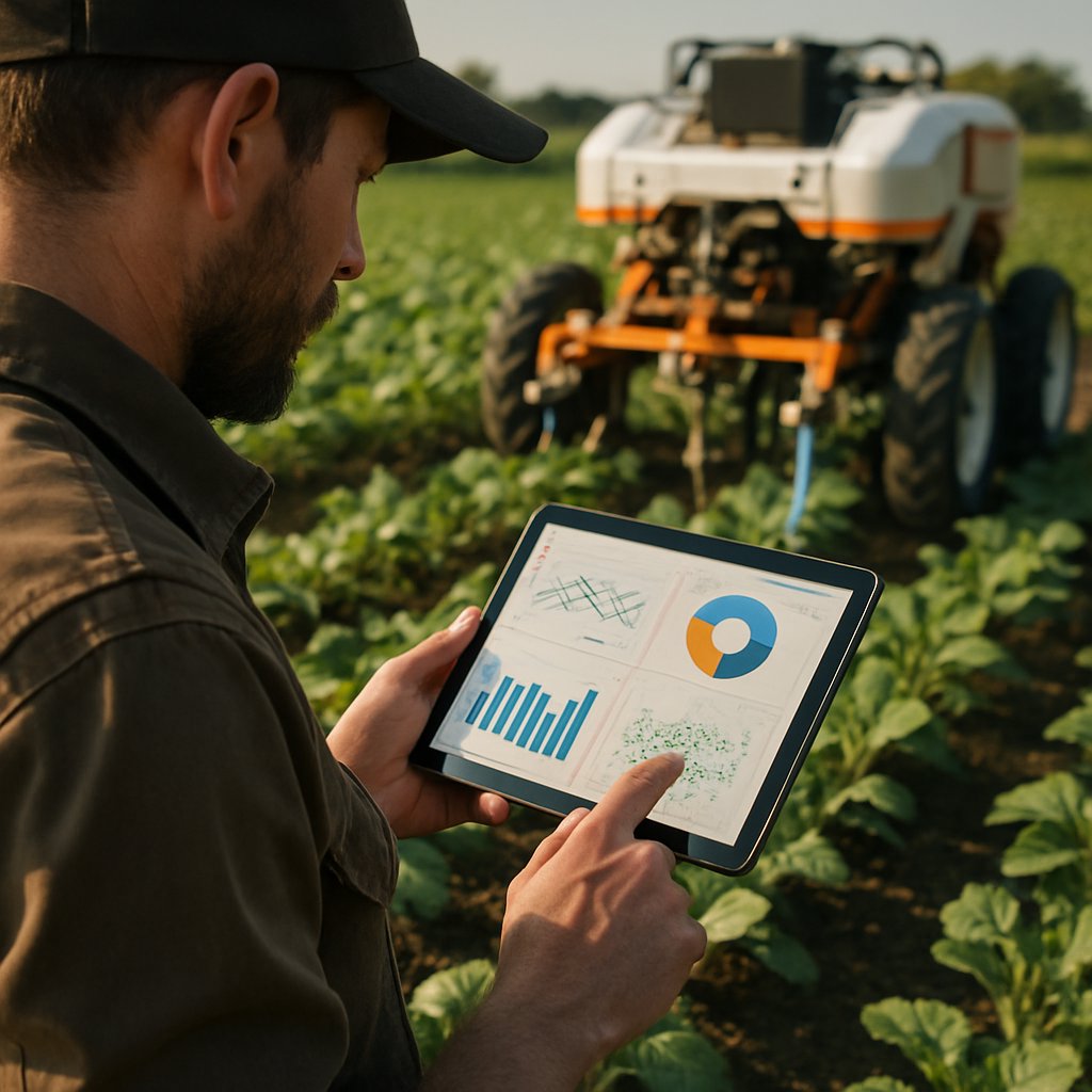 Technician monitors AI Farming weed control with tablet in field.