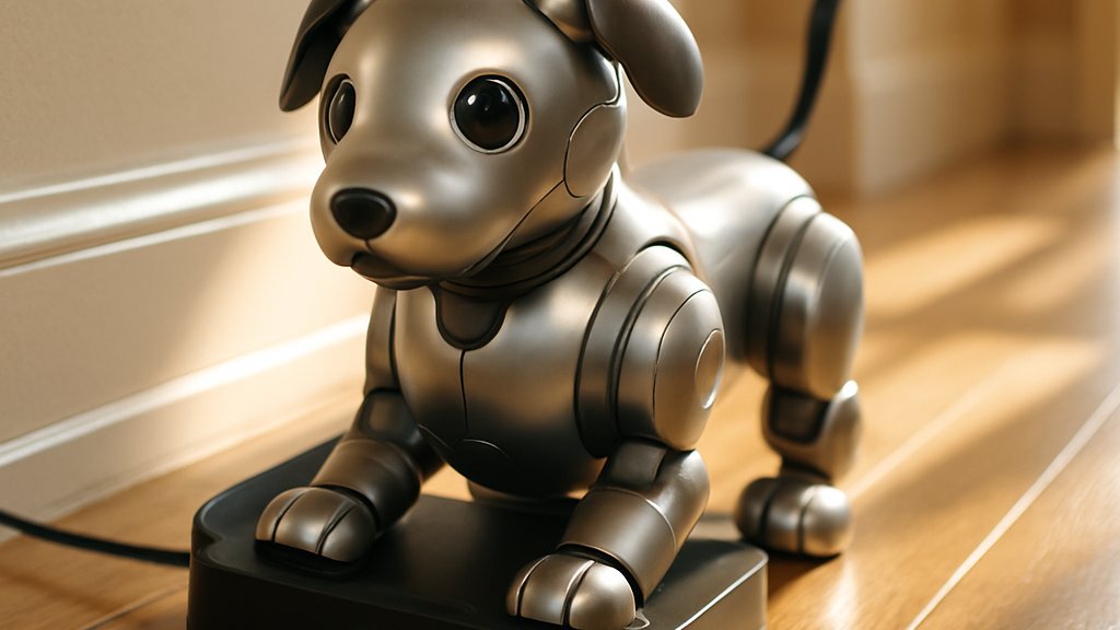 Consumer Robotics robotic pet charging on dock in modern hallway.