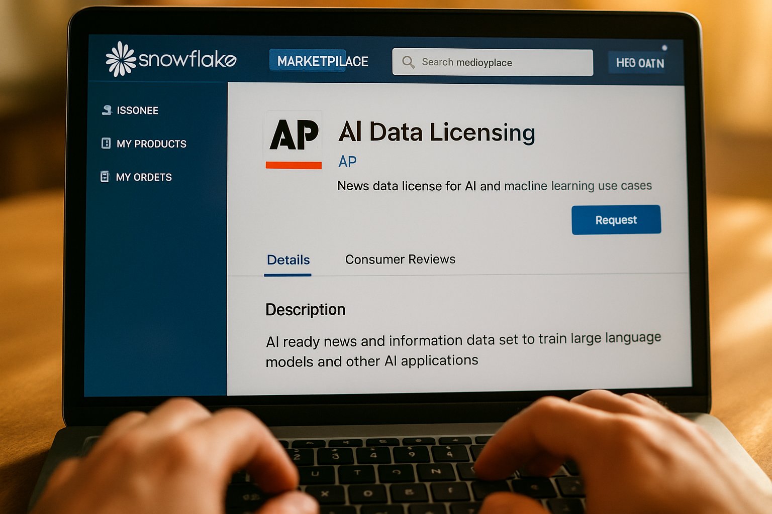 Snowflake Marketplace screen showing AP’s AI Data Licensing product listing.