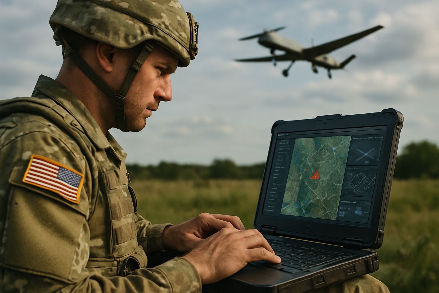Soldier uses Military AI software for mission planning outdoors.