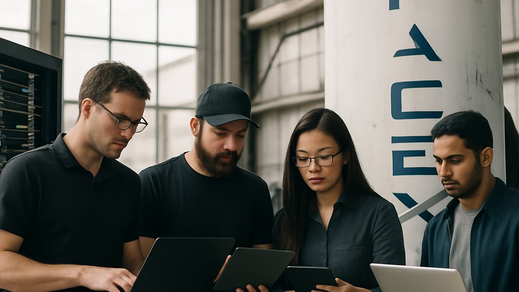 SpaceX team collaborating on Cloud Computing project in hangar