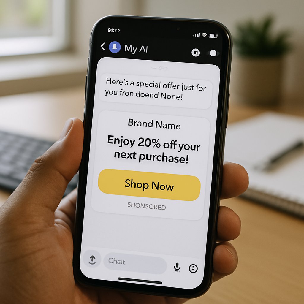 Snapchat Chatbots showing sponsored AI brand messages on phone screen.