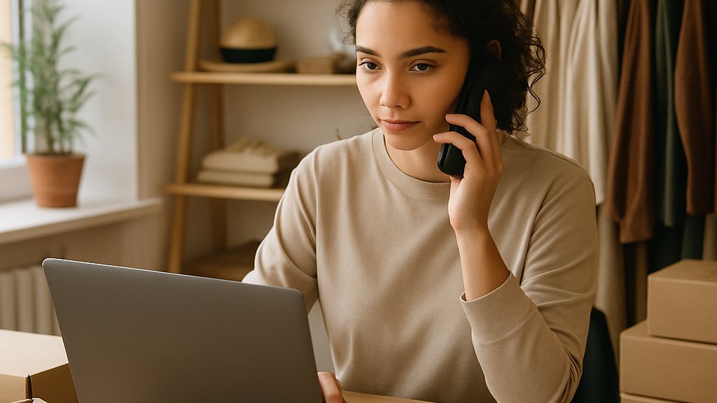 Small business owner using AI-Native Commerce OS to launch online store
