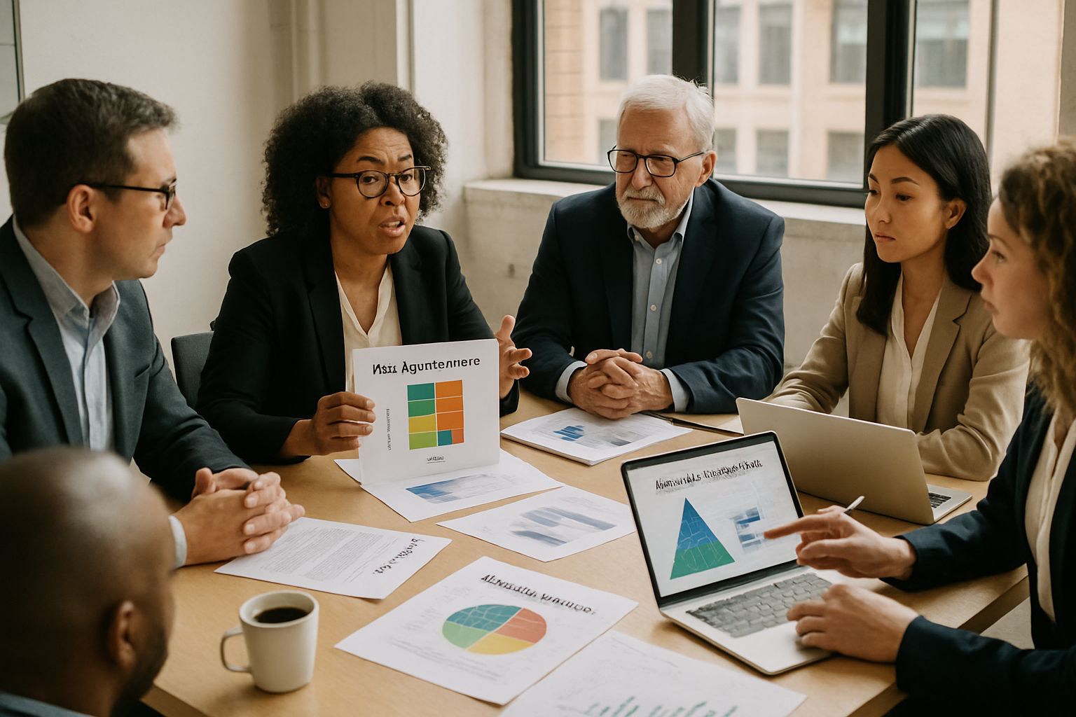 Boardroom discussion on strategies for AI Existential Risk management.